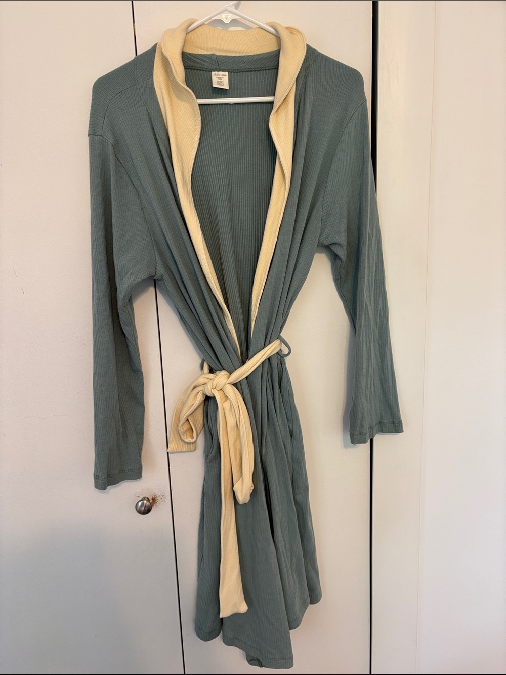 Blue Long Open-Front Robe with Cream Trim
